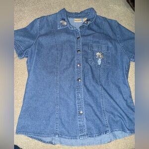 Bobbie Brooks Blue Denim Short-Sleeve Button-Down Shirt with Embroidered Pocket